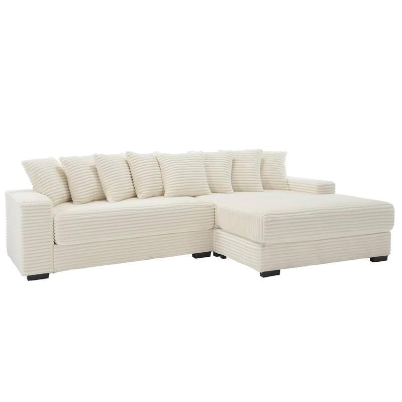 111" Corduroy Upholstered L-Shaped Sectional Sofa with Oversized Chaise Longue and 8 Throw Pillows