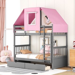 Gray+Pink Twin Over Twin Solid Pine Wood House-Shaped Bunk Bed with Tent, Drawers, Convertible to 2 Beds