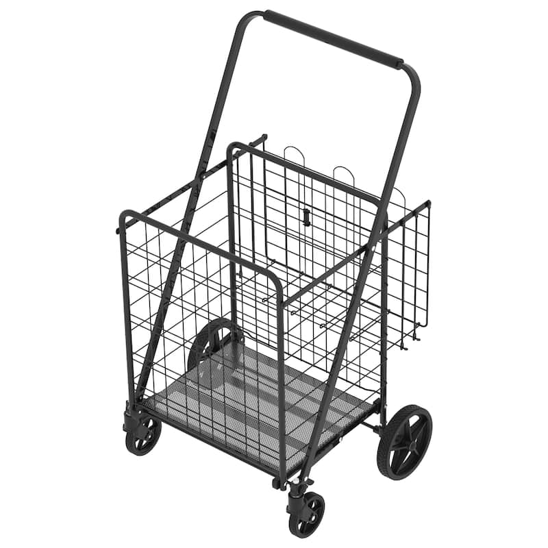 Foldable Extra Large Grocery Shopping Cart w/ Double Basket and 360 Rolling Swivel Wheels