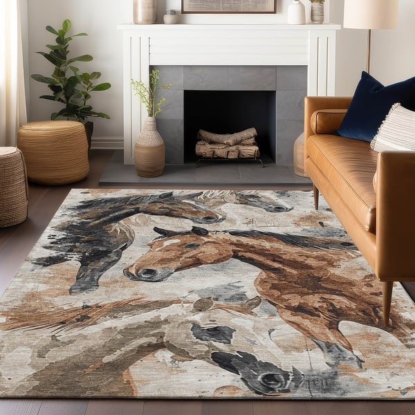 slide 2 of 35, Machine Washable Indoor/ Outdoor Horses Chantille Rug Beige - 10' x 14'