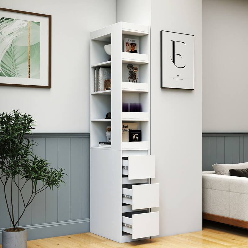 70.87" H Display Storage Cabinet,4-Tier Shelf,3 Side Drawers & 4 small display shelves,Modern Wooden Tall Bookshelf Bookcase - White