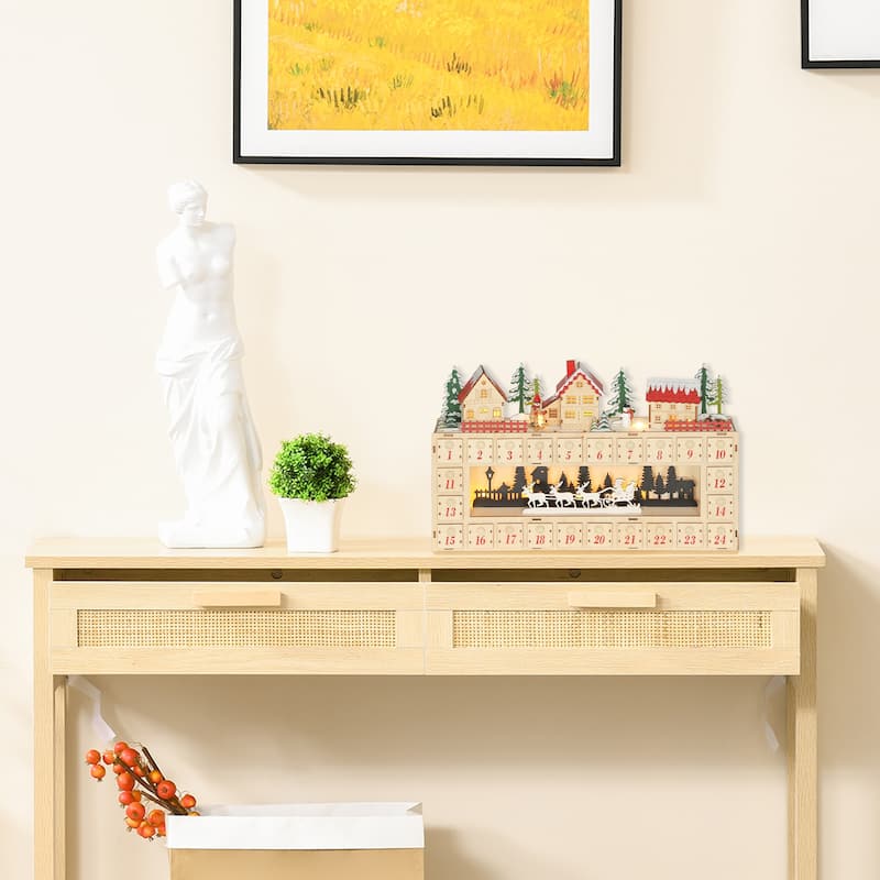 HOMCOM Christmas Advent Calendar with 24 Drawers, Reusable Lighted Wood-Effect Countdown , Battery Operated, Natural Tone