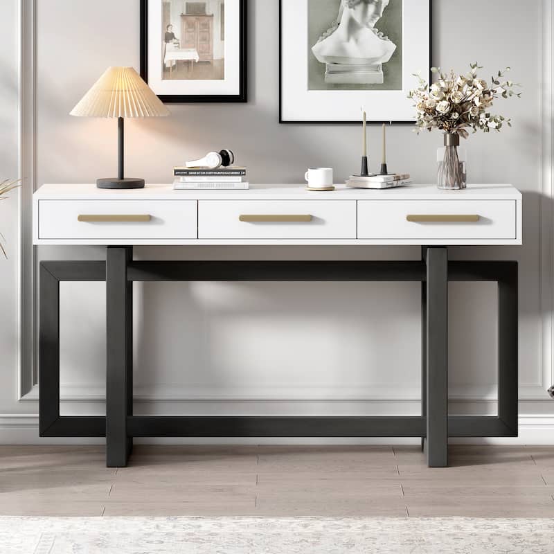 Wooden Console Table Hallway Tables with 3 Drawers and Unique Table Legs, Long Entryway Table with Iron Handle for Hallway