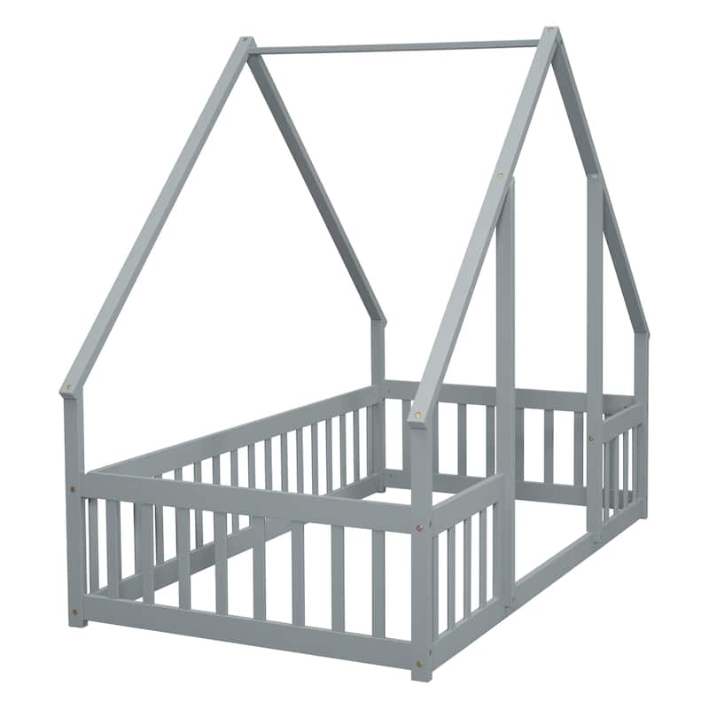 Twin Wood House-Shaped Floor Bed with Fence, Guardrails