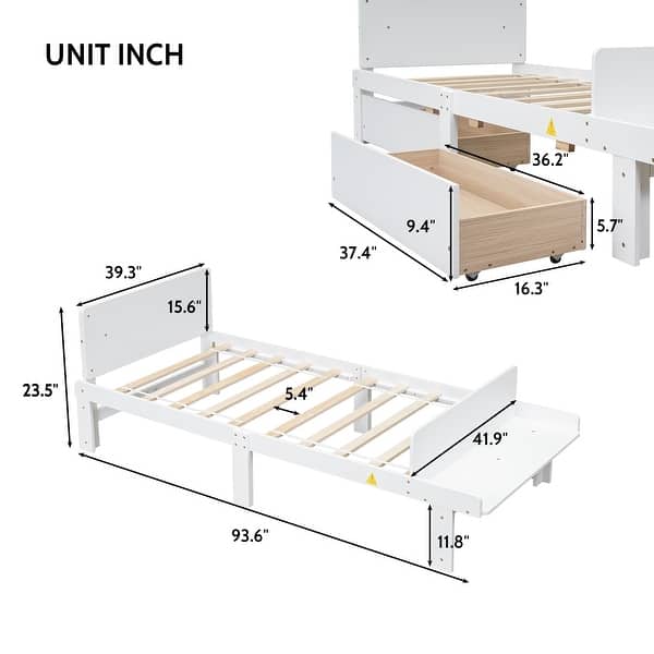 Stylish Twin Size Platform Bed Frame w/ Footboard Bench and 2 Storage Drawers, Pine Wood Platform Bed Frame for Bedroom, White