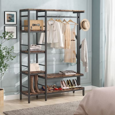 Free-standing Closet Organizer with Hooks, Garment Rack, Coat Rack with Shoe Bench