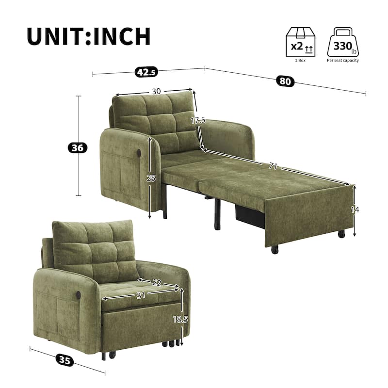 3-in-1 Chenille Accent Chair Convertible Sleeper Sofa Bed, 80" Extra Long Pull-out Chair Bed with USB and Type-C Ports