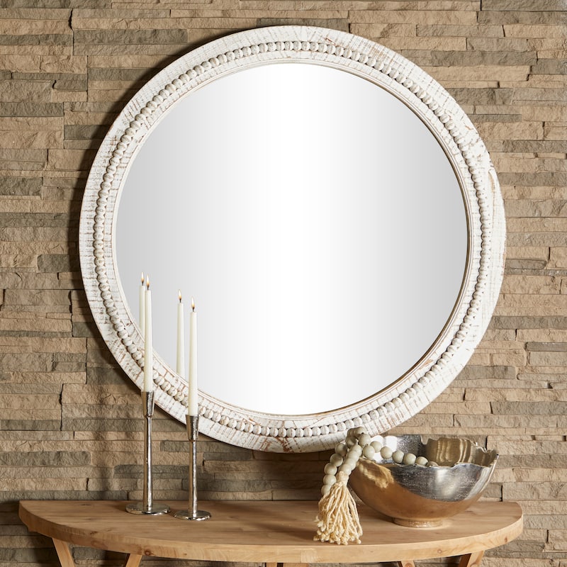 Contemporary Wood Distressed Wall Mirror with Beaded Detailing - Brown or White - White - 36"W, 36"H