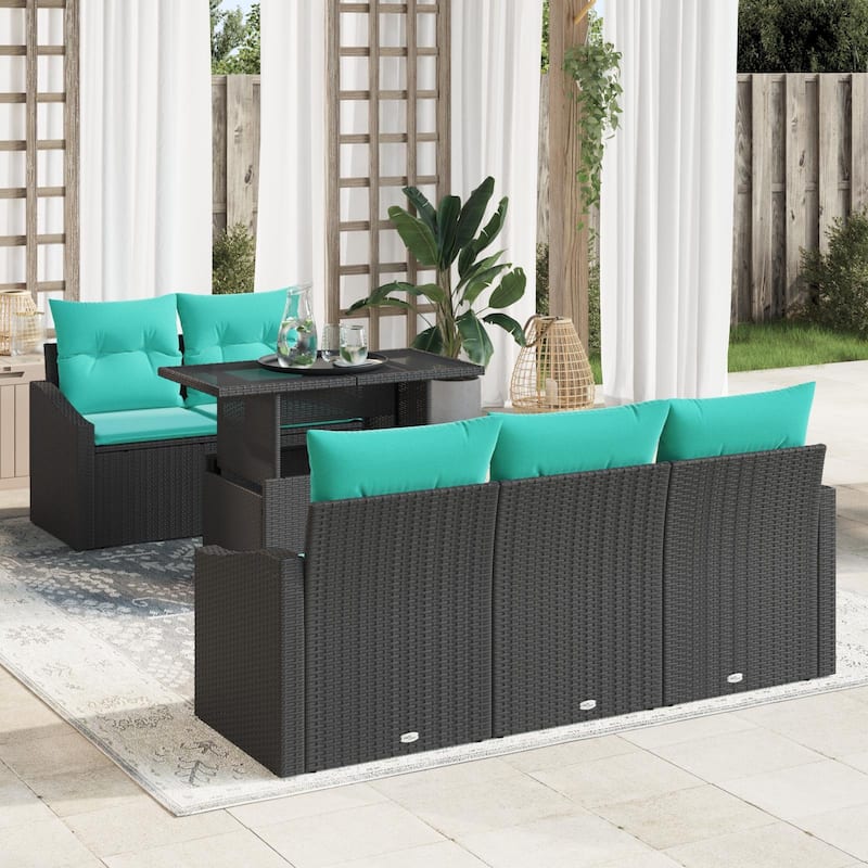 vidaXL 6 Piece Garden Sofa Set with Cushions Black Poly Rattan - 70.1×24.4×27.2