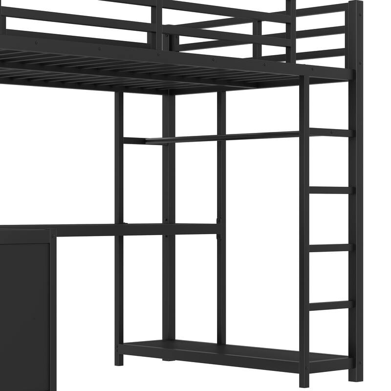 Twin/Twin XL Metal Loft Bed with Wardrobe & L-Shaped Desk - Loft Bed with Storage Cubes & Shelves for Teens, Adults