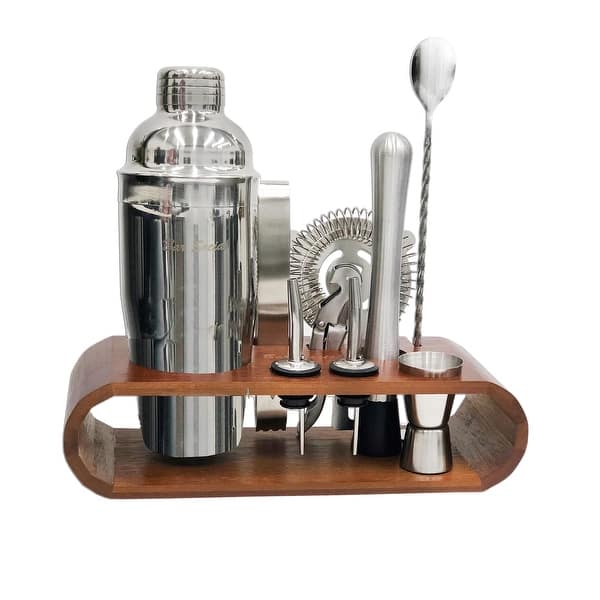 Bar Social 10 piece Bartender Cocktail Shaker Set with Stand - Dark Silver / Brown