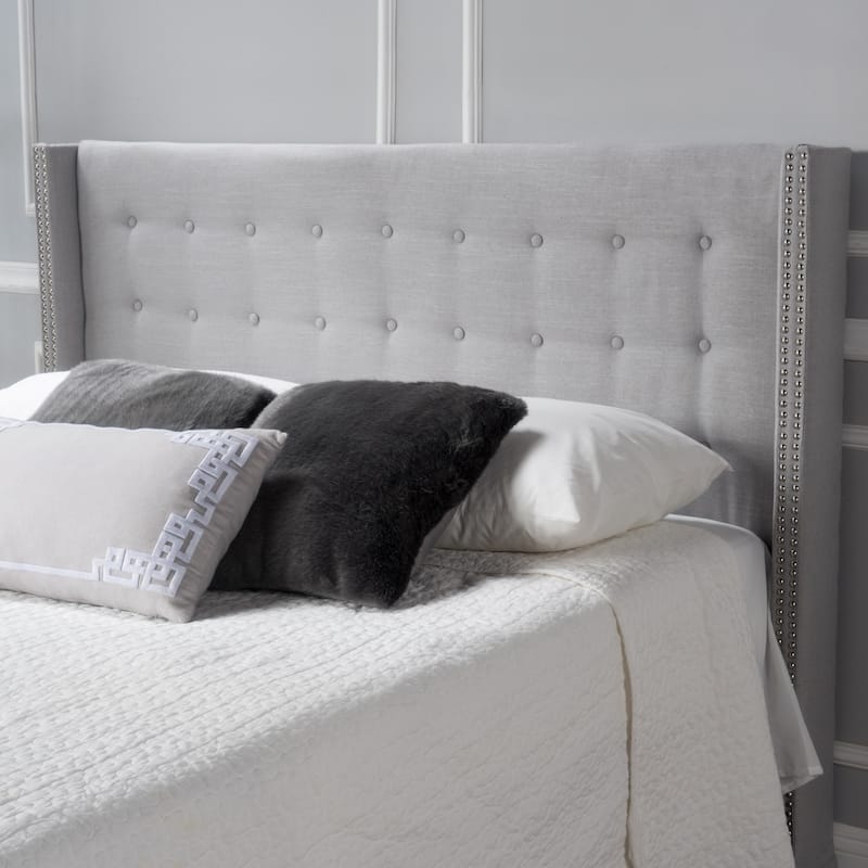 Kendrah Adjustable Full/Queen Wing-back Studded Fabric Headboard by Christopher Knight Home - Light Grey