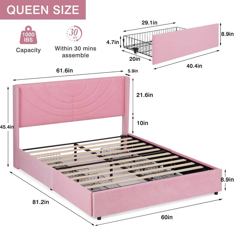 Javlergo Upholstered Bed with Tufted Headboard Bed Frames with Storage Drawers Princess Platform Bed with Wooden Slats Support