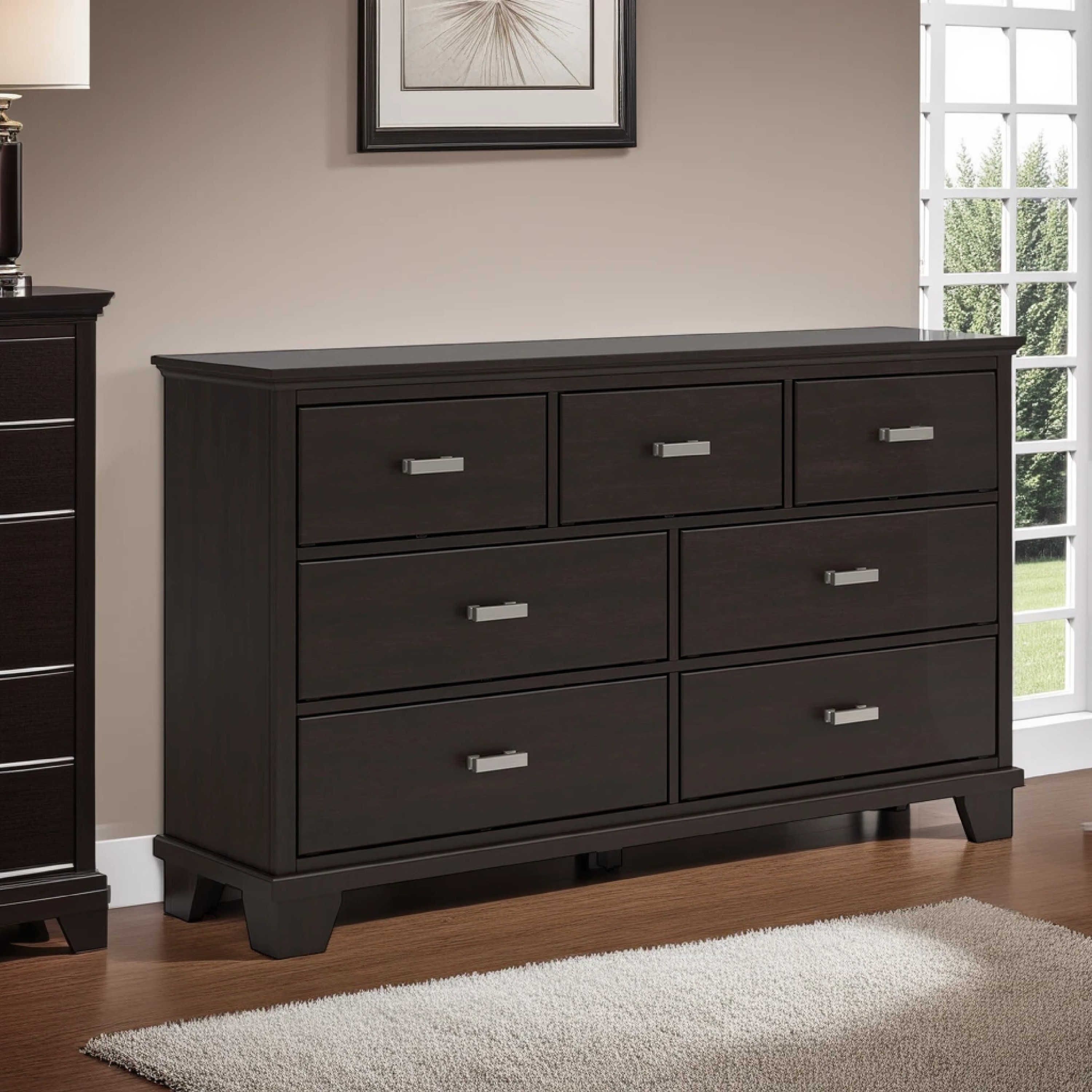 Benjara Teno Wide Dresser, 7 Drawers Nickel Handles, Dark Brown Solid Hardwood