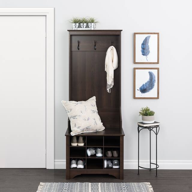 Prepac Hall Tree with Bench and Shoe Storage - 27" Narrow Hall Tree with 9 Shoe Cubbies - rich espresso