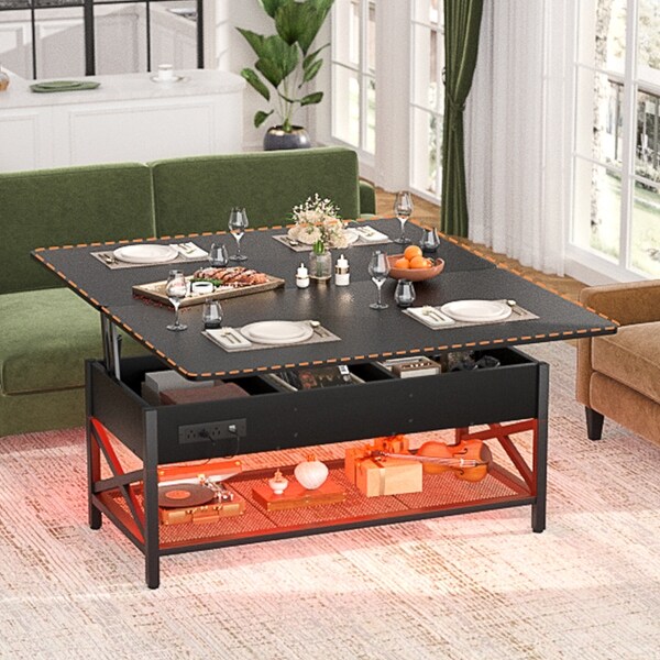 Foldable Lift Top Coffee Table with LED Lights and USB Port Convertible Dining Table