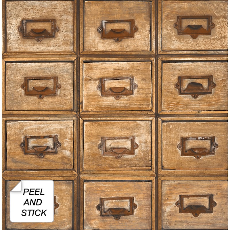 NextWall Library Card Catalog Peel and Stick Wallpaper - 20.5 in. W x 18 ft. L - 20.5 in. W x 18 ft. L  - Tawny