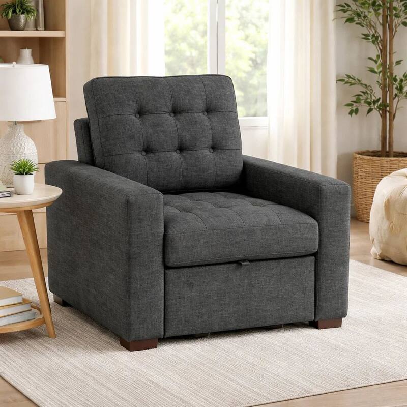 Cliff 37 Inch Chair, Pull Out Ottoman, Dark Gray Polyester, Espresso Wood