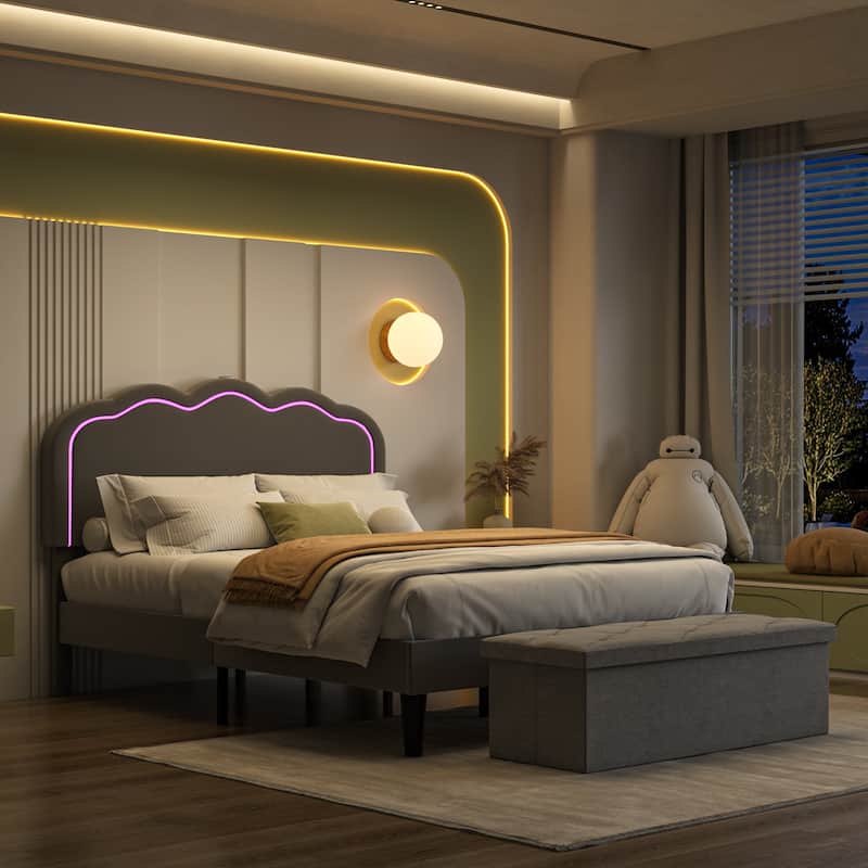VECELO Upholstered Bed Frames with Headboard & LED Lights and Storage Ottoman (Set of 2),Bedroom Set