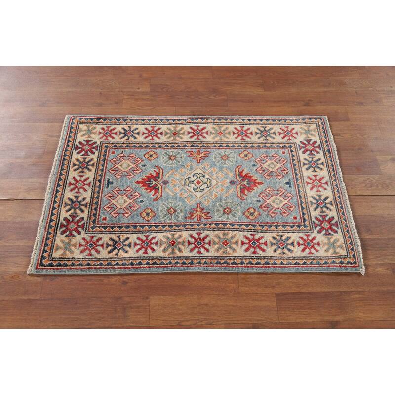 Light Blue Kazak Foyer Rug Handmade Wool Carpet - 2'1" x 3'1"