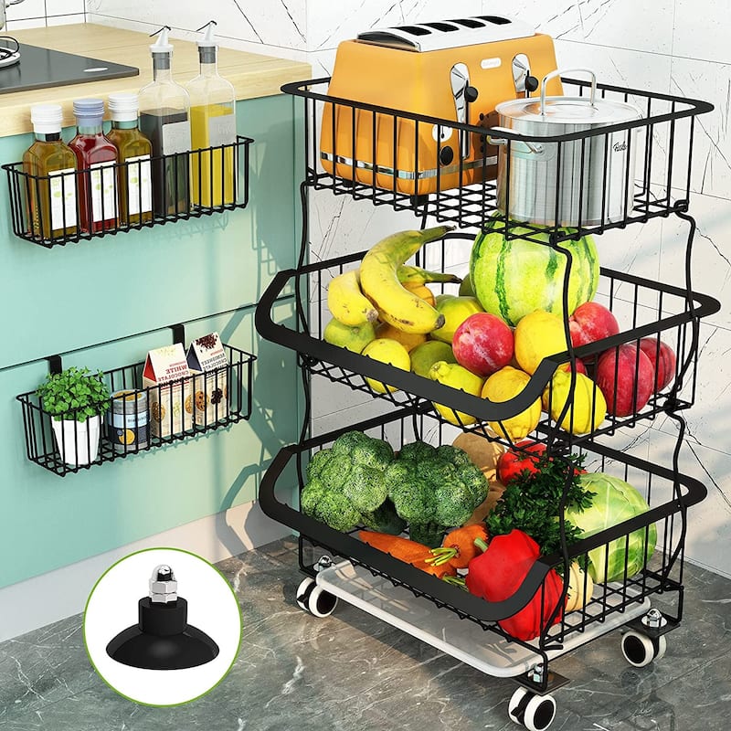 3 Tier Stackable Metal Wire Fruit Basket Cart for Kitchen, Pantry