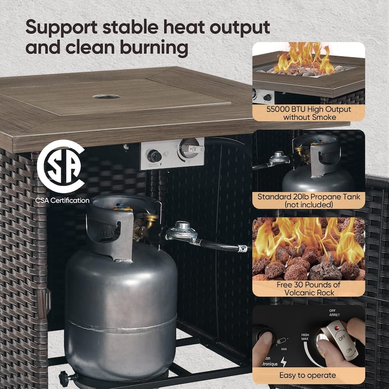 Outdoor Propane Fire Pit Table - 55000 BTU, Adjustable Flames - Square