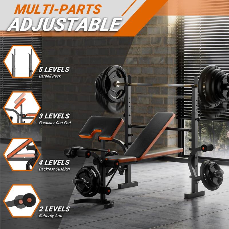 Adjustable Weight Bench Bench Press with Squat Rack for Home Gym - 68"D x 51"W x 52"H