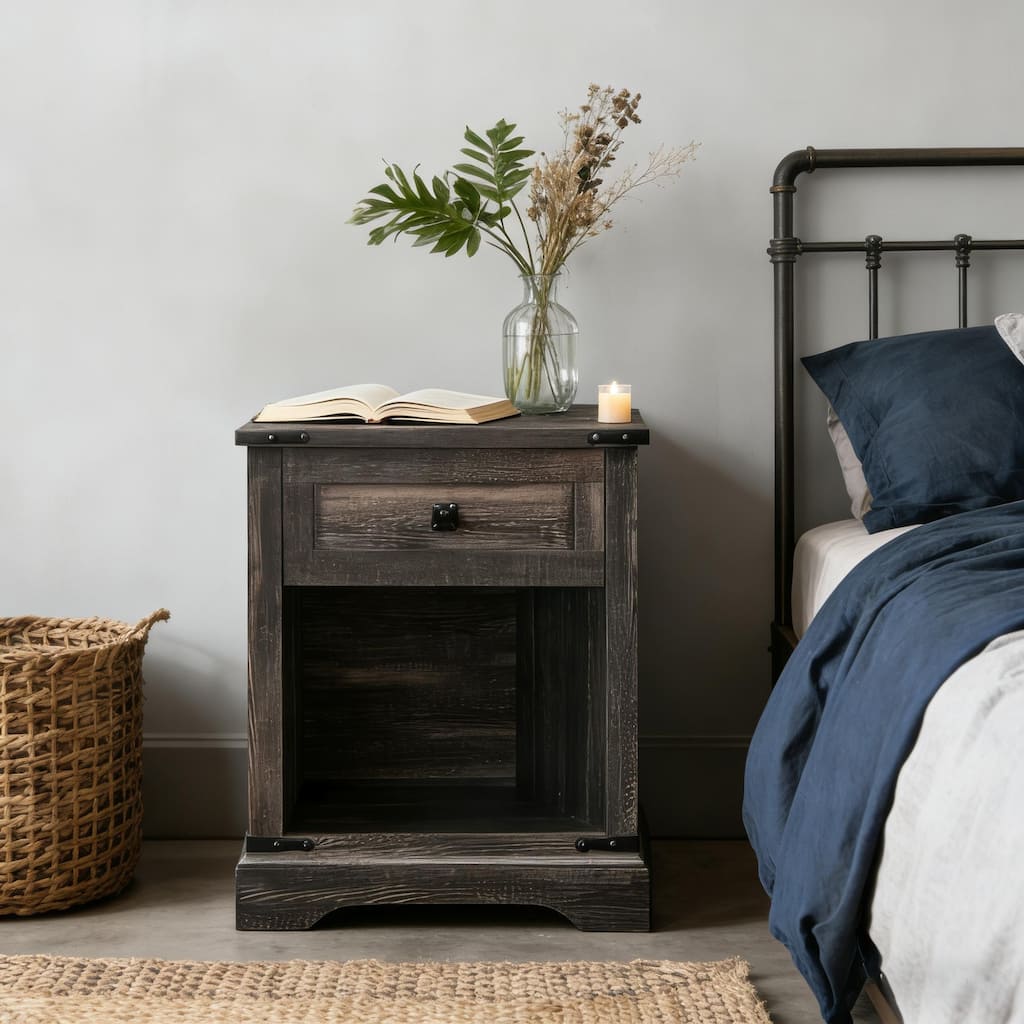 Farmhouse Nightstand with Charging Station，Beside Table for Bedroom