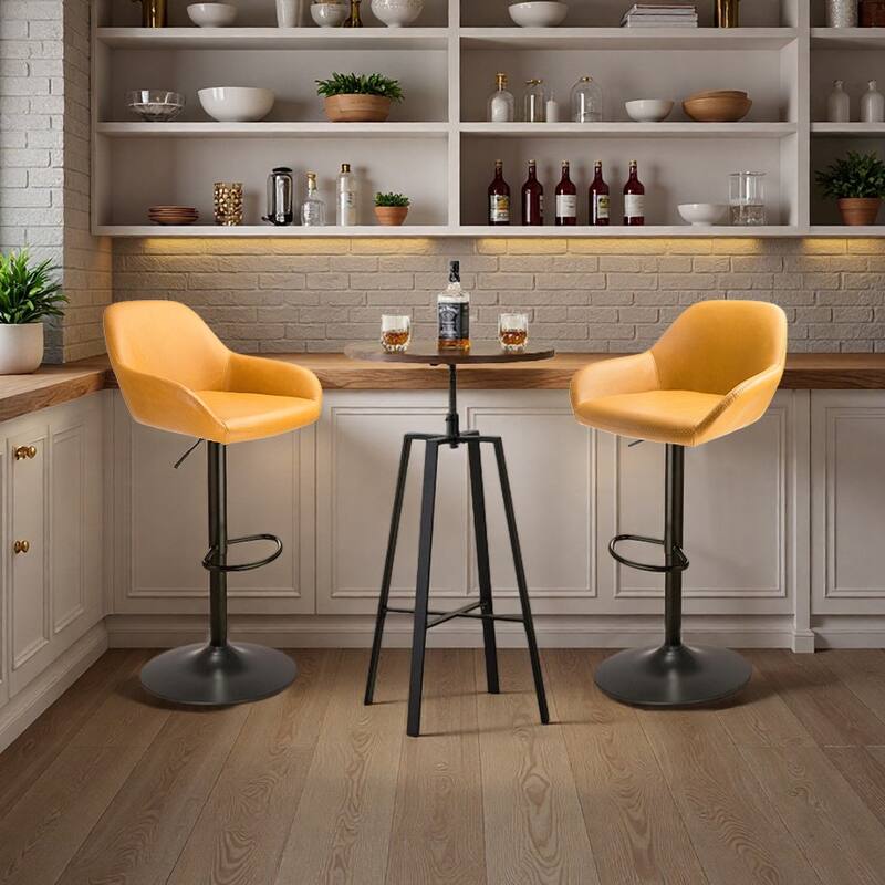 Glitzhome Set of 3 Height Adjustable Swivel Pub Table Bar Stools Set for Kichen Dining - Brown Table & Yellow Chairs