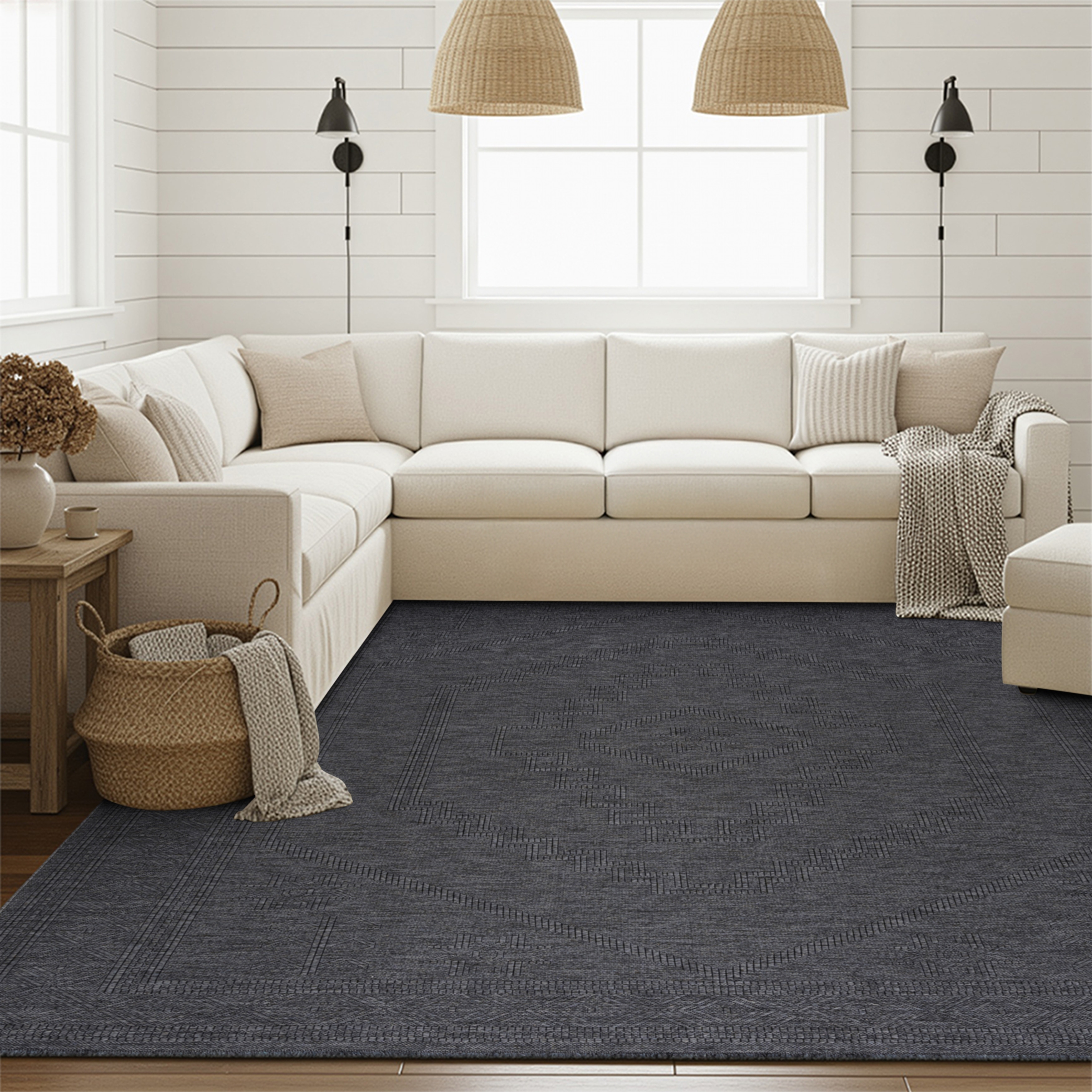 Alameda Solid Color Medallion Machine Washable Indoor Area Rug