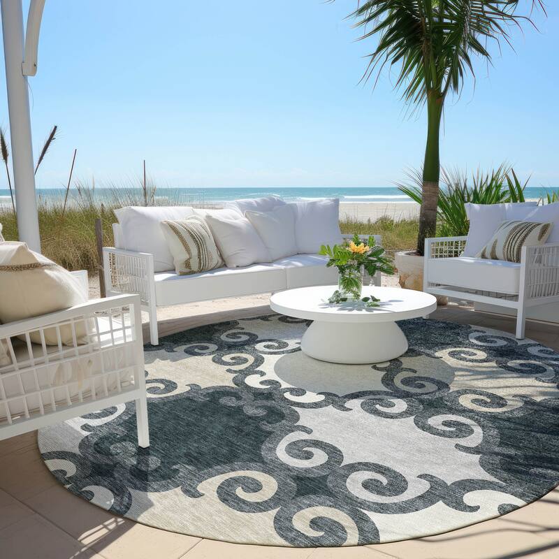 Machine Washable Indoor/ Outdoor Chantille Traditional Scroll Rug - Gray - 8' x 8'