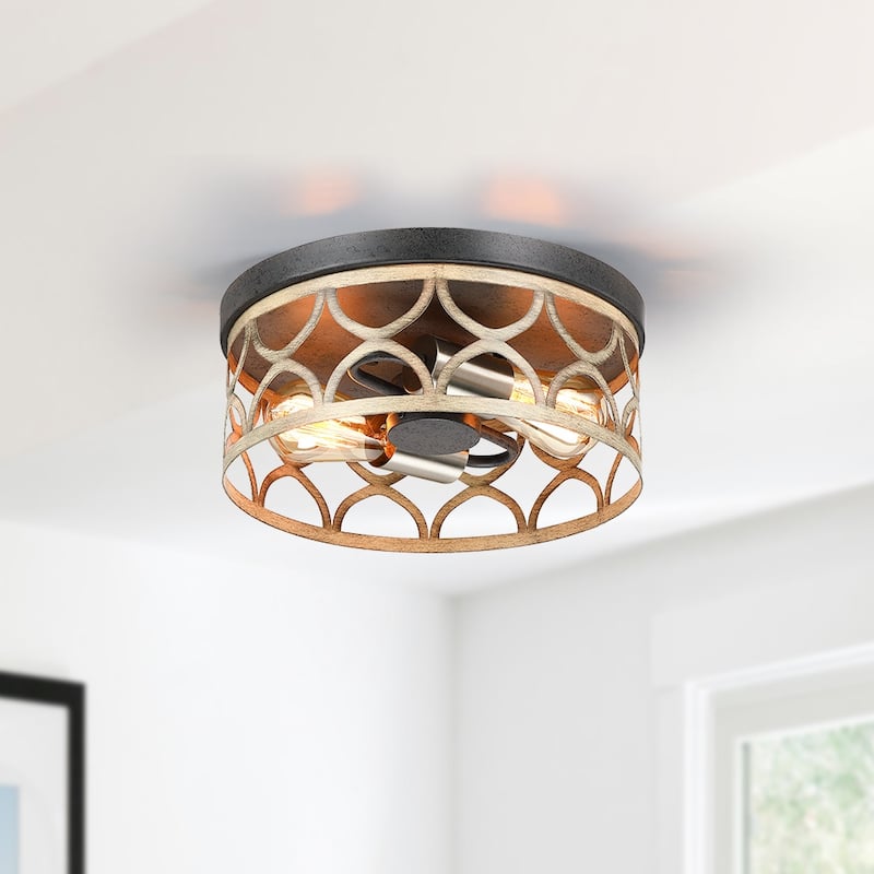 12 in. 2-Light Bronze and Wood Tone Flush Mount Ceiling Light - 12"W