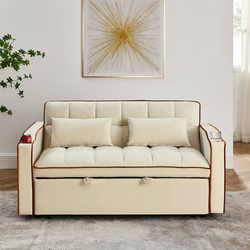 Modern Sofa Velvet Pull-out Bed, Adjustable Back and with USB Port