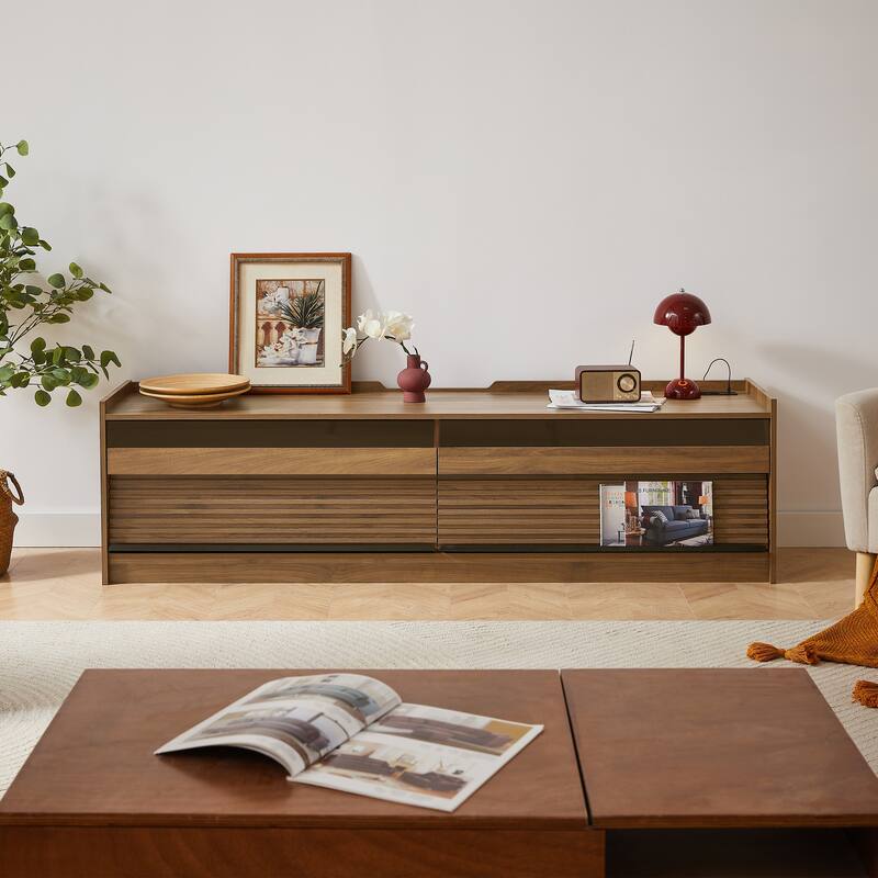 Modern LED TV Stand with 4 Drawers Built-In Charging Ports and Tempered Glass Panel, for Living Rooms