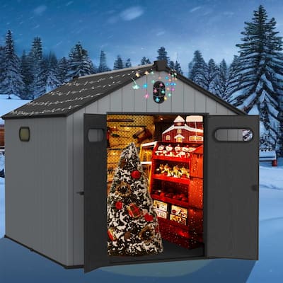 Waterproof Resin Garden Shed with Double Wall Panels & Rain Gutter Weatherproof Storage Shed, Hinged Double Doors
