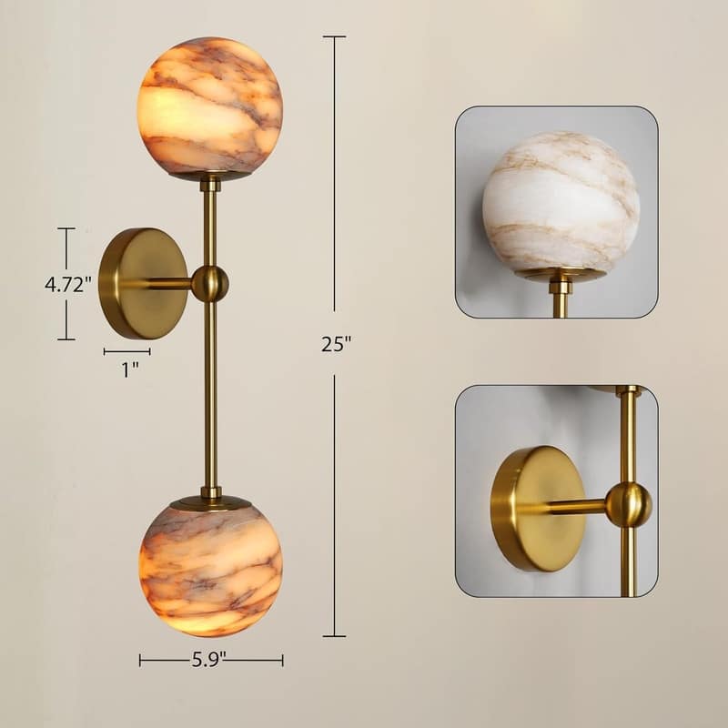 KAYLA Anjely Modern 25" Alabaster Wall Sconce, 1-Light Dimmable Wall Light with Brass Base, G9 LED Bulbs Included