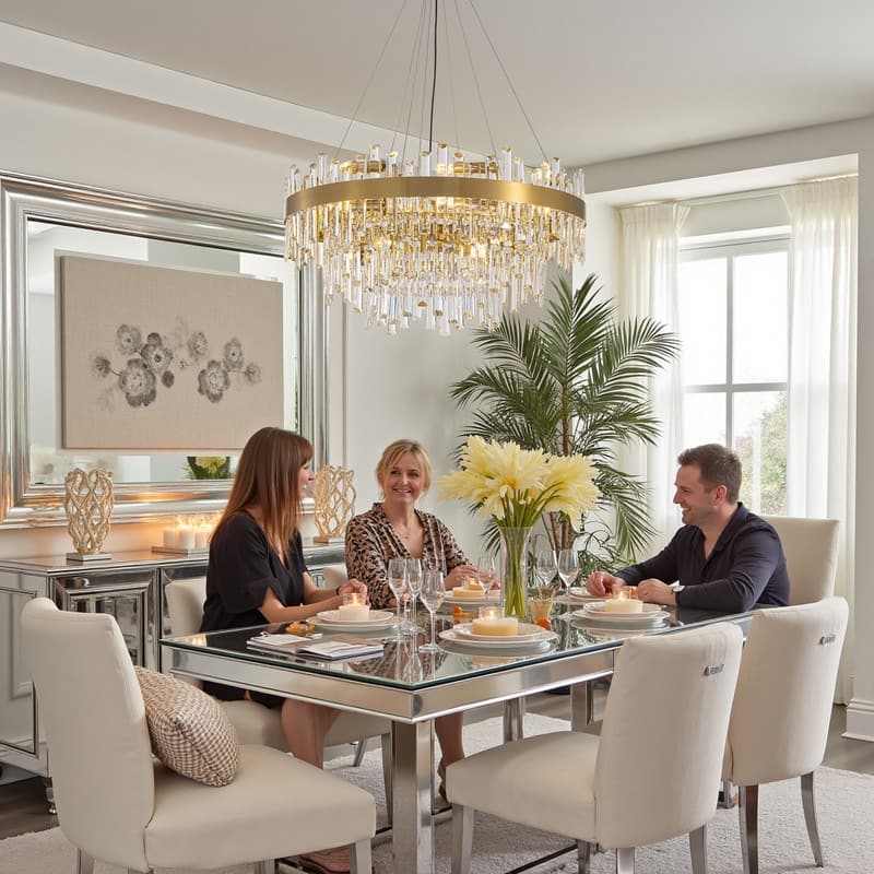 32 in. 4-Tier Modern Crystal Chandelier Brass Gold Round Crystal Raindrop Chandelier Contemporary Pendant Light for Dining Room