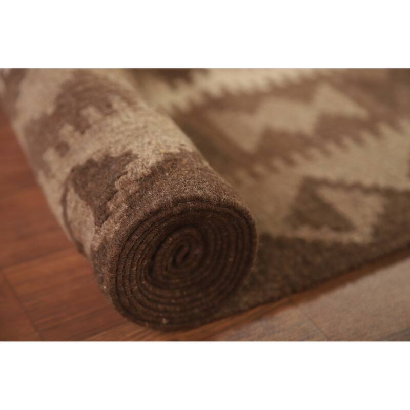 Hand Woven Oriental 100% Wool Carpet Southwestern Geometric Brown Kilim Area Rug - 9' 7'' X 6' 9''
