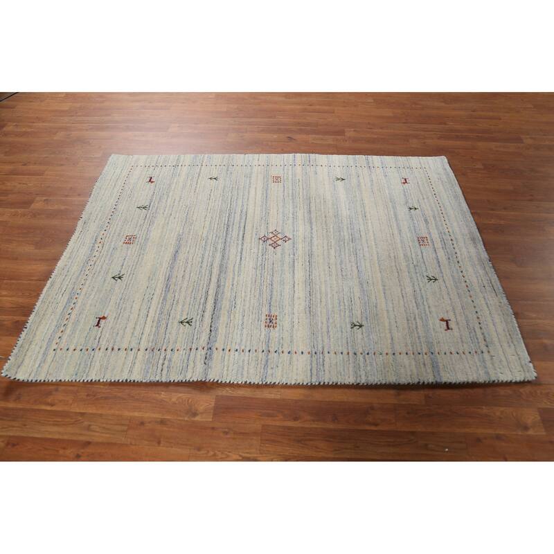 Ivory & Blue Striped Gabbeh Accent Rug Hand-Knotted Wool Carpet - 4'0"x 5'9"