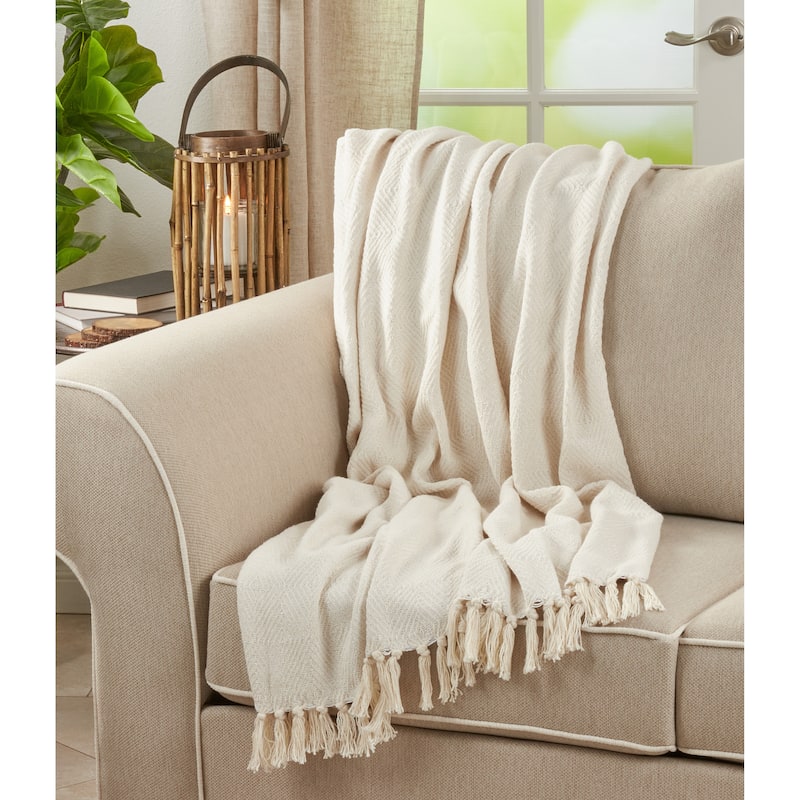 Cotton Throw Blanket with Diamond Weave Design - Ivory