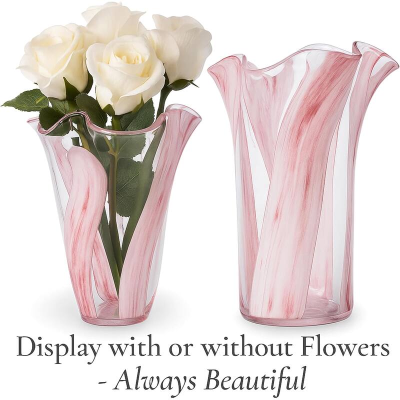 Pink Striped Handblown Glass Set of Two Scalloped Edge Vases