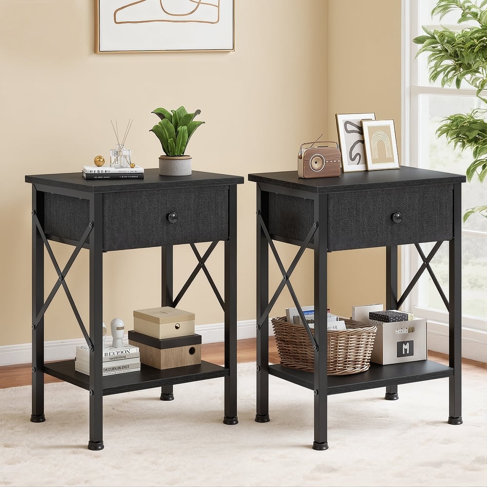 Javlergo 2 Pack X Frame Nightstand with Removable Fabric Drawer Easy to Clean Multifunctional End Table with Open Shelf