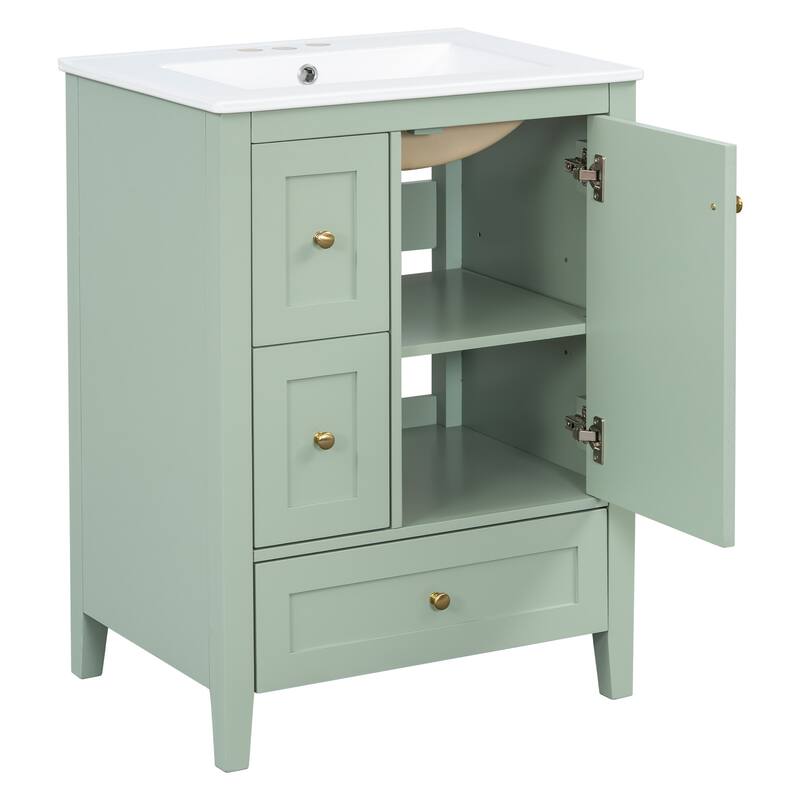 24-Inch Bathroom Vanity with Storage, Adjustable Shelf, MDF & Rubberwood, Removable Dividers, Green Finish