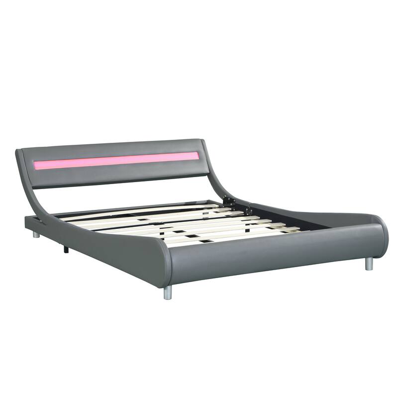 Queen Faux Leather Upholstered Platform Bed with LED & Wood Slat Support