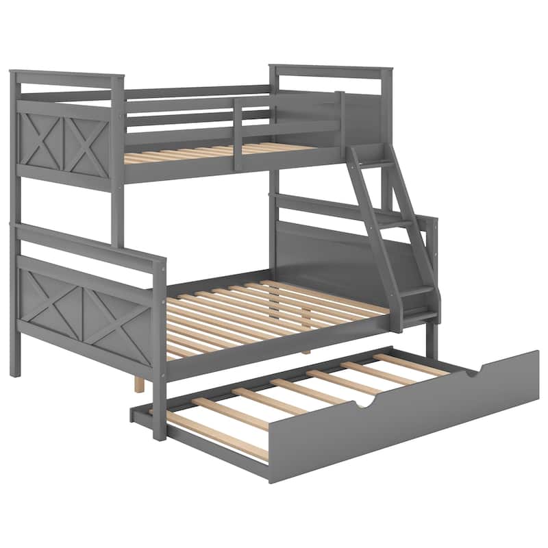 Twin over Full Bunk Bed with Ladder, Twin Size Trundle, Safety Guardrail, White and Grey