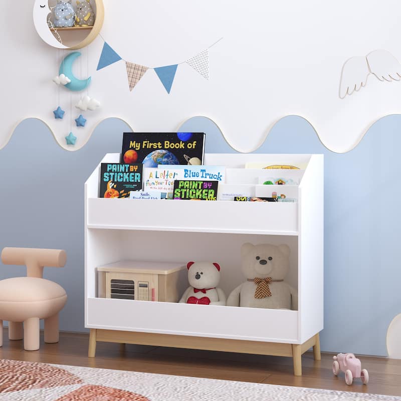 Toddler Book Display Shelf with Storage, Wooden Kids Bookcase Organizer for Bedroom or Playroom, White