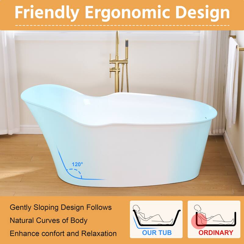 66'' W,63 GALLONS Freestanding Acrylic Soaking Bathtub With Drain And Overflow Holes