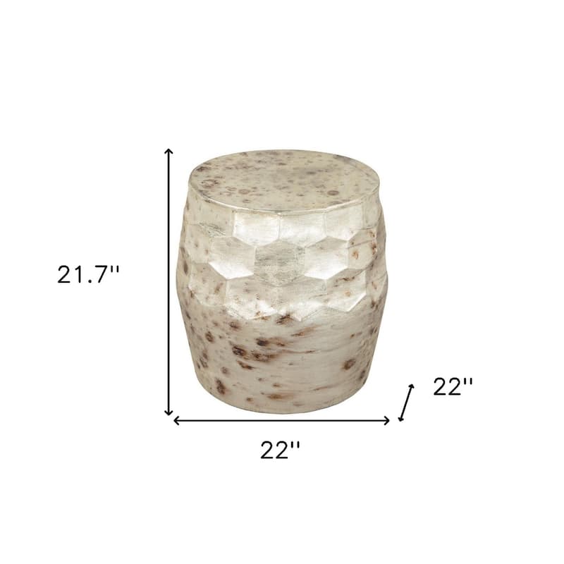 22” Modern Round Beige Iron Drum End Table with Plated Finish for Living Room Bedroom or Entryway - 21.7”H x 22”W x 22”L