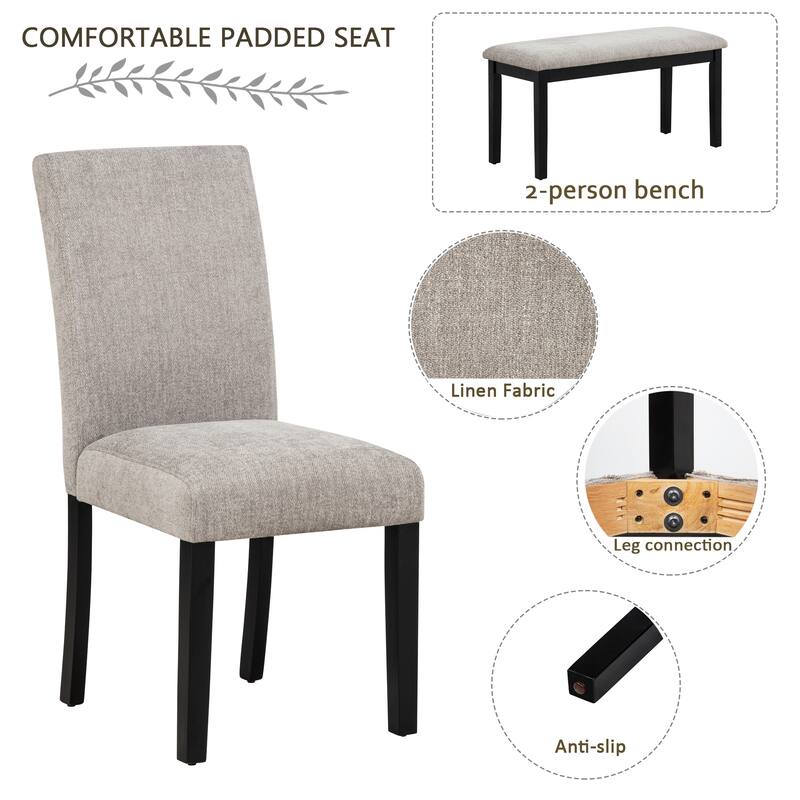 Modern 6 Piece Wooden Dining Table Set, Rectangular Concrete-Effect Tabletop Kitchen Table with 4 Upholstered Chairs and Bench