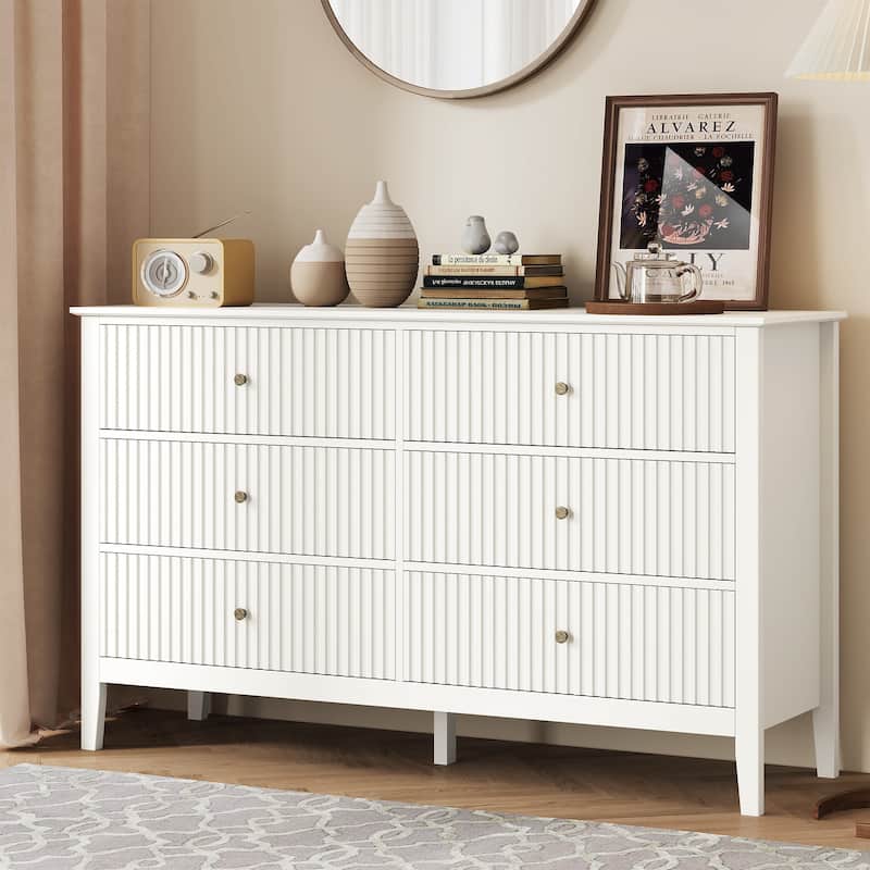 6 Drawer Dresser Fluted Modern with 5 Colors Available | High Weight Capacity Wood Dresser for Bedroom - White
